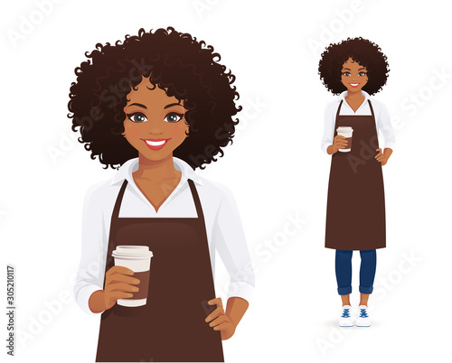 Waitress or barista. Smiling woman with afro hairstyle in black apron holding coffee cup isolated vector illustration