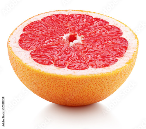 Front view of half grapefruit citrus fruit isolated on white background. Grapefruit half with clipping path. Full depth of field.