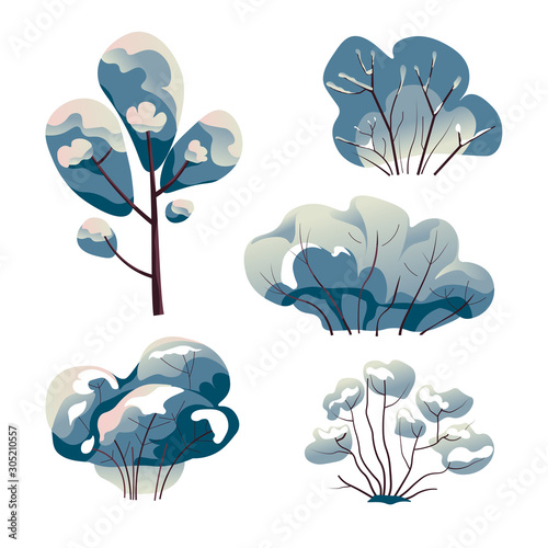 Bare trees and bushes under snow watercolor painting isolated icons