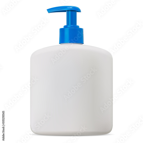 Pump bottle. Cosmetic soap package mockup blank. Plastic hand cream dispenser. Medicine treatment valve tube. White plastic liquid wash can mock up