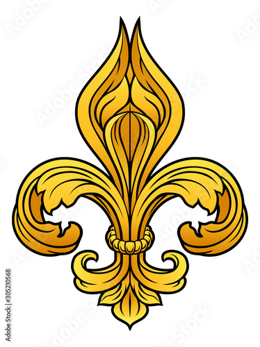 A gold Fleur De Lis heraldic coat of arms graphic design element