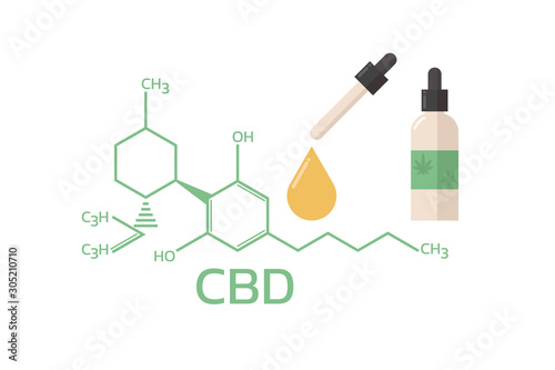 Cannabidiol or cbd, Cannabis molecule, Skeletal formula structure with hemp oil drug isolated on white background. flat vector illustration design