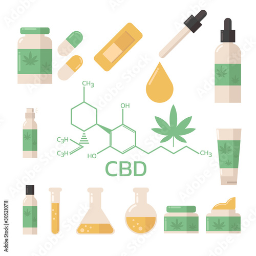 Cannabidiol or cbd, Cannabis sign symbol icon elements with hemp oil, medical products, pain, foot cream, spray, skin lotion, capsules, drug isolated on white background. flat vector illustration.