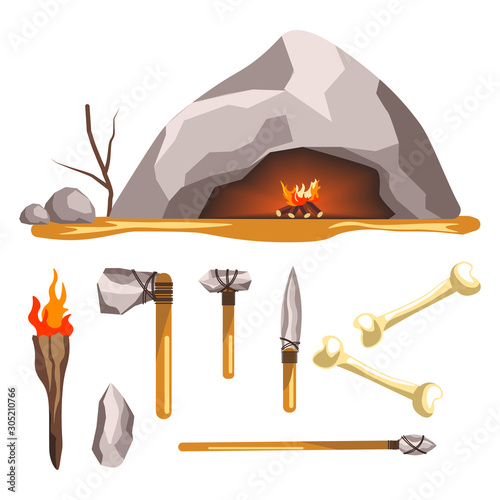 Stone age tools and cave isolated icon, history and primitive weapon