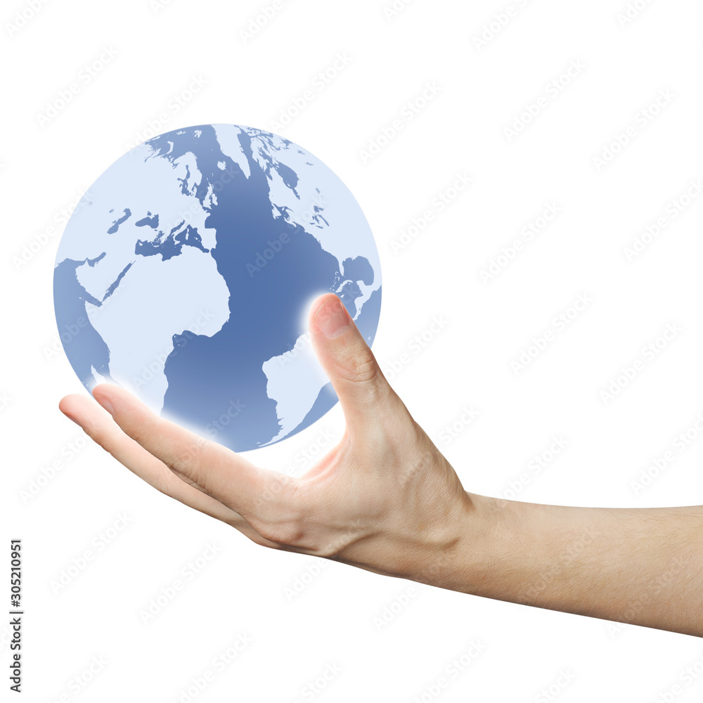 Hand holding model of the Earth, isolated on white background Hand holding model of the Earth, isolated on white background