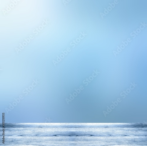 3d blue empty table wooden smooth texture. Shiny surface. Cold air defocused background.