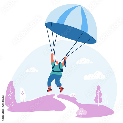Senior Man Active Sport Lifestyle. Joyful Aged Pensioner Jumping with Parachute Flying in Sky. Extreme Sports Activity and Recreation. Retirement Spare Time Hobby. Cartoon Flat Vector Illustration