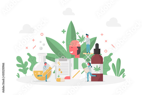 concept of benefit of CBD or Cannabidiol, Cannabis, hemp with oil, tablets, drugs and tiny doctor, flat vector illustration for web, landing page, ui, ux, banner, editorial, mobile app and flyer.