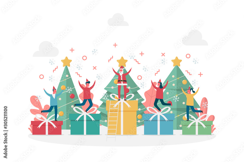 concept of happy new year celebration and Merry Christmas with large gifts, pine tree and tiny people, flat vector illustration for web, landing page, ui, banner, editorial, mobile app and flyer.