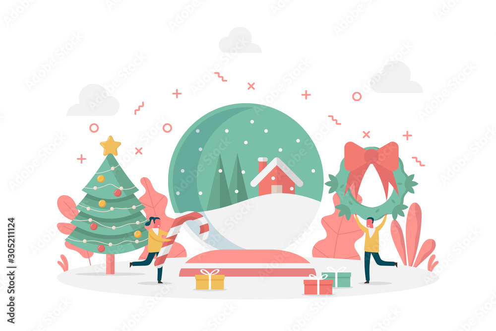 concept of Christmas decoration with snow globe, wreath, pine tree and candy cane, flat vector illustration for web, landing page, ui, banner, editorial, mobile app and flyer.