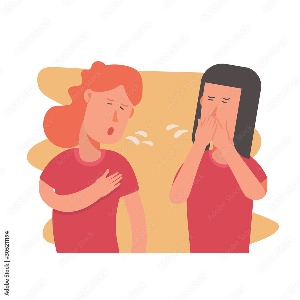 unhealthy two young people having illness, cold, running nose, symptom of influenza, health problem, sickness, illness, disease, women are coughing. flat character cartoon vector illustration style unhealthy two young people having illness, cold, running nose, symptom of influenza, health problem, sickness, illness, disease, women are coughing. flat character cartoon vector illustration style