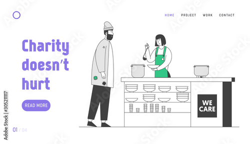 Night Shelter Emergency Housing Website Landing Page. Volunteer Serving Food to Homeless People. Woman Pouring Food to Beggar Man Standing at Desk Web Page Banner. Cartoon Flat Vector Illustration