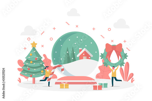 concept of Christmas decoration with snow globe, wreath, pine tree and candy cane, flat vector illustration for web, landing page, ui, banner, editorial, mobile app and flyer. © ST.art