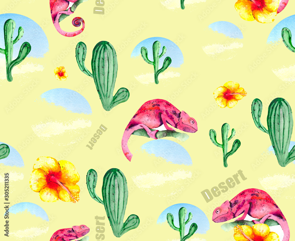 Seamless pattern on the theme of the desert with the cacti, flowers and chameleons. Watercolor background for textiles, packaging and Wallpaper.