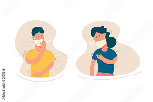 young couple having illness, symptom of influenza, health problem, sickness, woman and man with mask on face are coughing isolated on white background. flat character cartoon vector illustration