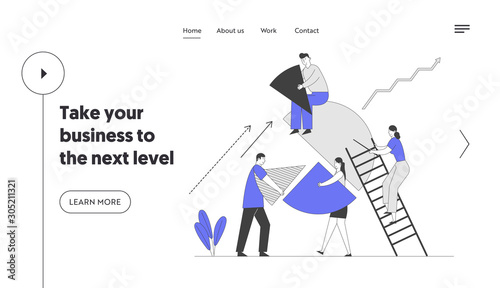 Business People Teamwork Cooperation and Partnership Website Landing Page. Businesspeople Set Up Huge Pie Chart Pieces in Whole Construction. Team Work Web Page Banner Cartoon Flat Vector Illustration