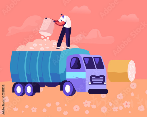 Man Pouring Ripe Cotton Flowers to Harvesting Industrial Machine on Field. Laborer Collecting Plants on Meadow with Hay Rolls around. Textile Production Manufacture Cartoon Flat Vector Illustration