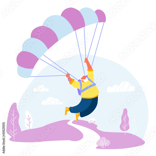 Active Senior Man Skydiver Sports Activity Hobby Pensioner Floating in Sky with Chute. Happy Aged White Haired Character Skydiving Extreme Sport Jumping with Parachute Cartoon Flat Vector Illustration