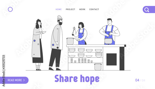 Emergency Housing Website Landing Page. Poor Man and Woman Stand in Queue Get Food in Shelter for Homeless People, Bums and Beggars Without Home Web Page Banner. Cartoon Flat Vector Illustration