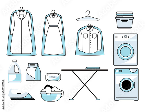 Dry cleaners or laundry room isolated icons, washing machine and ironing board