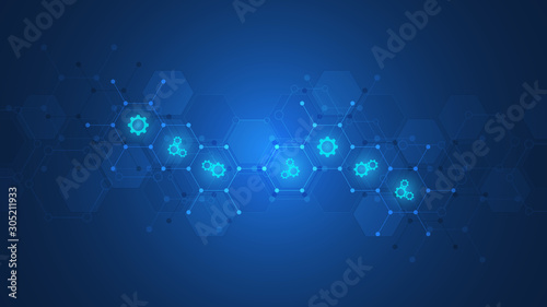 Abstract technical background with gears and cogs icons. Template design for innovation technology.