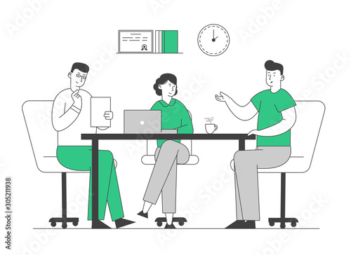 Hr Manager Hold Candidate Resume in Hands Welcoming Applicant at Job Interview. Relaxed Man Tell about Working Skills, Ideas and Work Experience to Committee Cartoon Flat Vector Illustration, Line Art