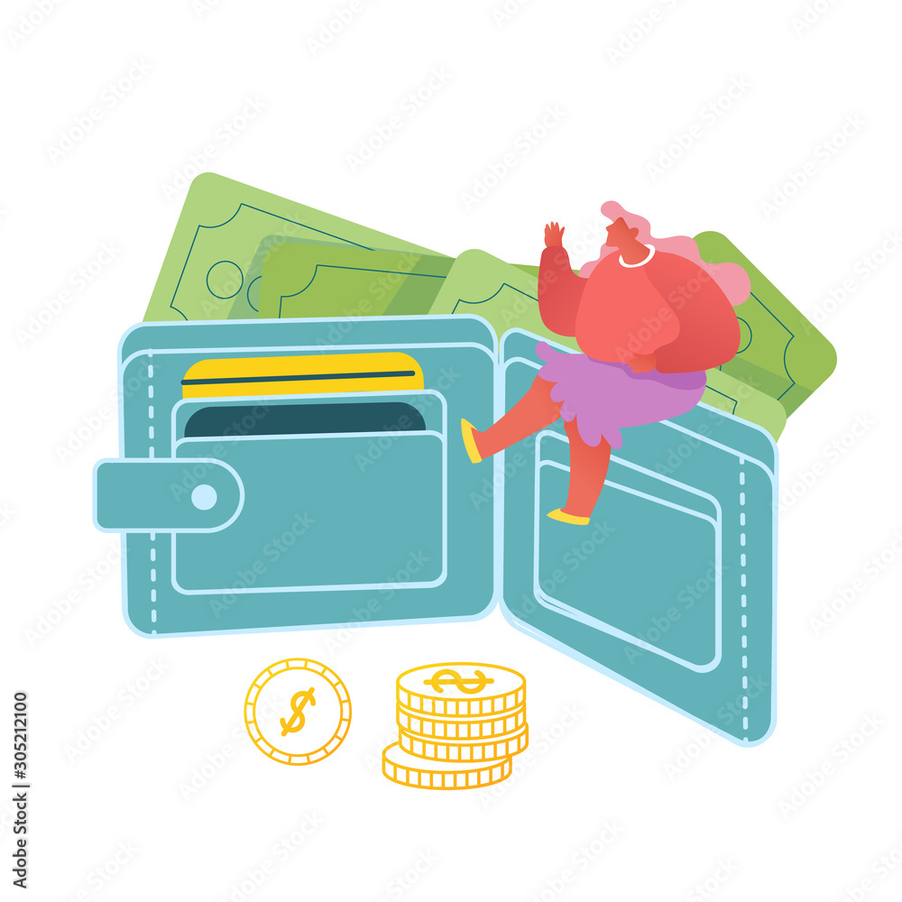 Fotografie Tiny Woman Sitting Huge Purse Full of Cash and Credit Cards