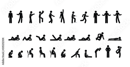 icon man, people stand, sit, lie, stick figure people illustration, isolated human silhouettes