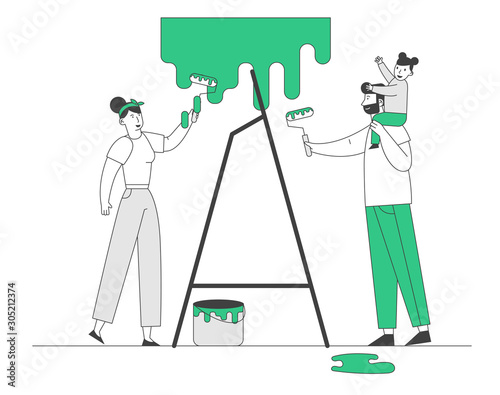 Young Family Make Repair at Home. Happy Father, Mother and Little Daughter Coloring Wall with Paint Rollers. Concept for Design and Renovation House Interior Cartoon Flat Vector Illustration, Line Art