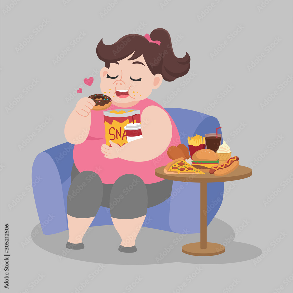 Big Fat Happy woman enjoy eating donut snack sitting on sofa Big Fat Happy woman enjoy eating donut snack sitting on sofa