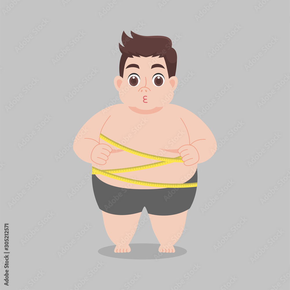 Vecteur Stock Big Fat Man worry wearing short pants Tape measure,  Healthcare concept cartoon Healthy character flat vector design. | Adobe  Stock