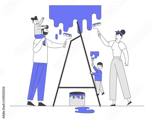 Happy Family with Kids Painting Wall with Rollers Making Renovation at Home. Parents and Children Spend Time Together in Useful Activity, Moving in New House Cartoon Flat Vector Illustration, Line Art