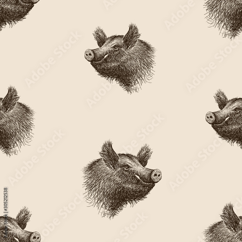 Seamless background of sketches of wild boar heads