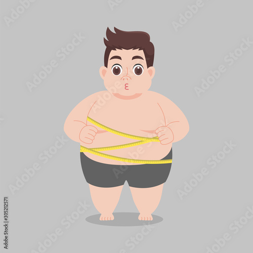 Big Fat Man worry wearing short pants Tape measure, Healthcare concept cartoon Healthy character flat vector design.