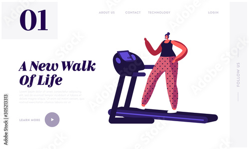 Active Sport Life Website Landing Page. Woman Running on Treadmill. Athletic Girl in Sportswear and Sneakers Exercising to be Slim. Fitness Lifestyle. Web Page Banner. Cartoon Flat Vector Illustration