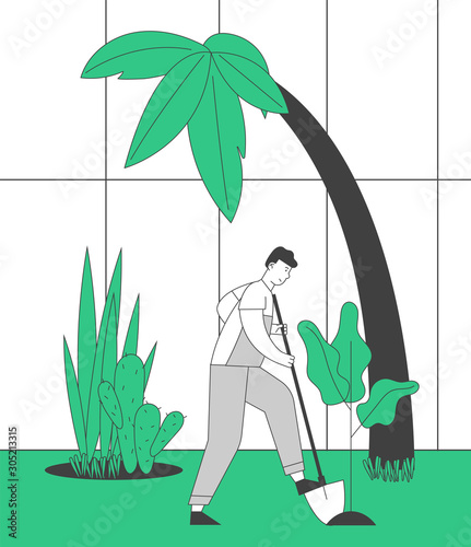 Farmer Man in Overalls Working in Garden Digging Soil and Care of Plants in Greenhouse. Gardener Planting Sprouts to Ground. Active Outdoor Hobby or Work Cartoon Flat Vector Illustration, Line Art