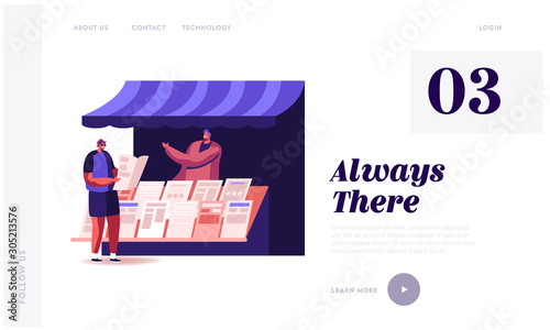 People Reading and Selling Newspapers Website Landing Page. Man Stand at Kiosk Read News on Street or Buying Magazine at Booth Outdoors. Press Media Web Page Banner. Cartoon Flat Vector Illustration