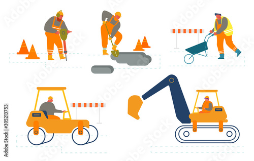 Set of Workers on Road Repair Construction. Roller Machine, Excavator Dig Hole in Ground, Builders Remove Soil and Asphalt with Shovel Wheelbarrow and Jackhammer. Cartoon Flat Vector Illustration