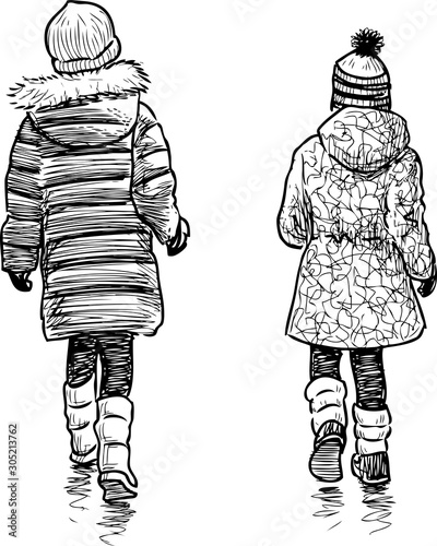 Sketch of small girls going along street on winter day