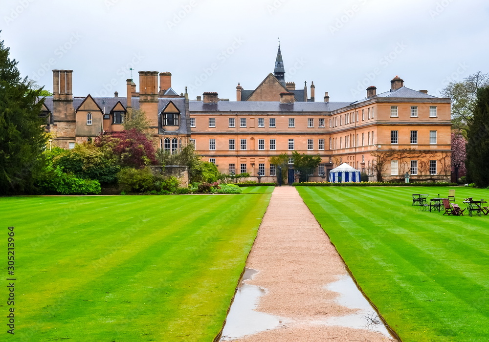 Oxford town architecture and park landscape after rain, UK