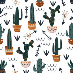 Keuken achterwand Planten in pot patronen Cactussen en pijlen op wit  © Hanna