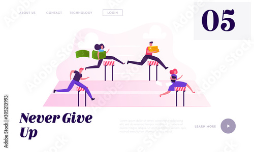 Business People Obstacle Race Website Landing Page. Managers Holding Money and Documents Jumping over Barriers on Stadium. Leadership Steeplechase Web Page Banner. Cartoon Flat Vector Illustration