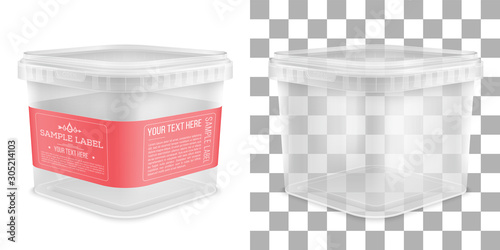 Vector transparent square empty plastic bucket with label. Front view from the corner.