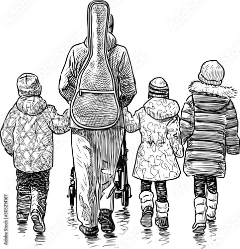 Sketch of woman guitarist with pram and three children walking along street