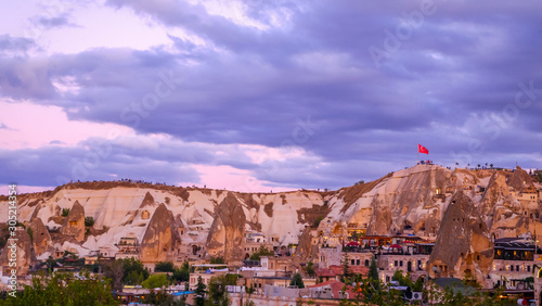 Goreme, Cappadocia, Turkey on sunset. Famous center of balloon fligths.