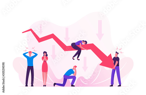 Sad Business People around Decline Red Arrow Chart. Business on Falling Down Graph. Financial Fail Risk Problem. Management Failed Achieve Profit, Economic Recession. Cartoon Flat Vector Illustration