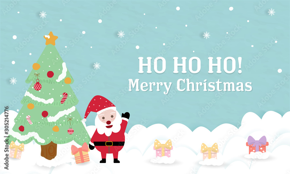 Sweet Santa Claus stand under Christmas tree with many gift boxes. cute  blue pastel paper background