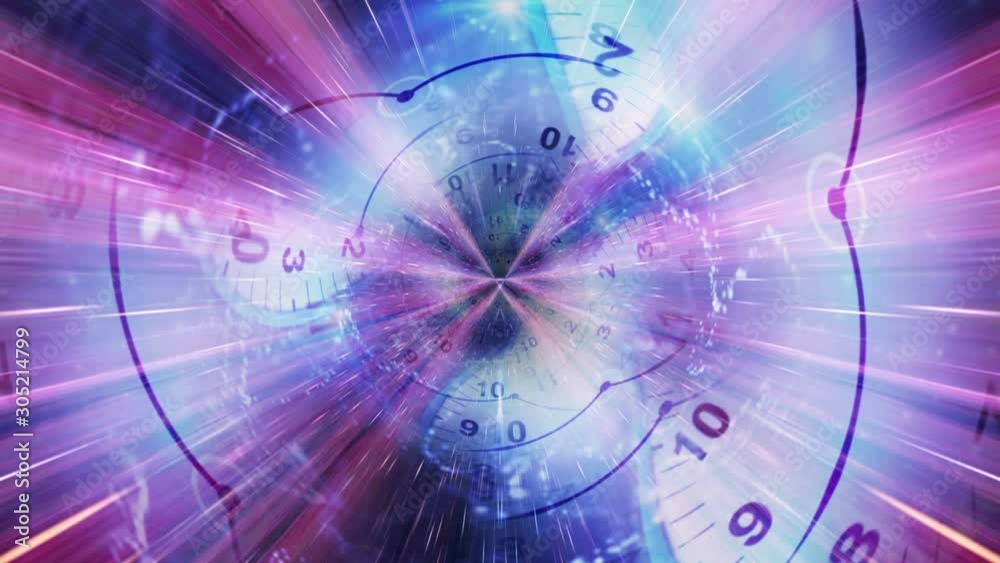 Clocks Spirals Tunnel Animation, Time Concept, Rendering, Background, Loop, 4k
