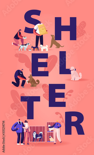 Rehabilitation or Adoption Center for Stray Pets Concept. Kind People Help Homeless Animals. Men and Women Adopting Pet from Shelter Poster Banner Flyer Brochure. Cartoon Flat Vector Illustration