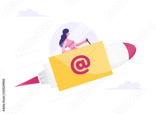 Businesswoman Flying on Rocket with Email Sign and Yellow Envelope on Board. Express Delivery of Electronic Message, Internet Post Service Concept. Correspondence Cartoon Flat Vector Illustration